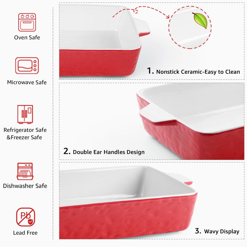 Krokori 4 QT Baking Dish, Casserole Dishes for Oven, 9x13 Baking Pan with Handles, Lasagna Pan Deep, Ceramic Casserole Dish Oven Safe for Baking, Lasagna, Kitchen, Wedding Gift (Red) - Image 3